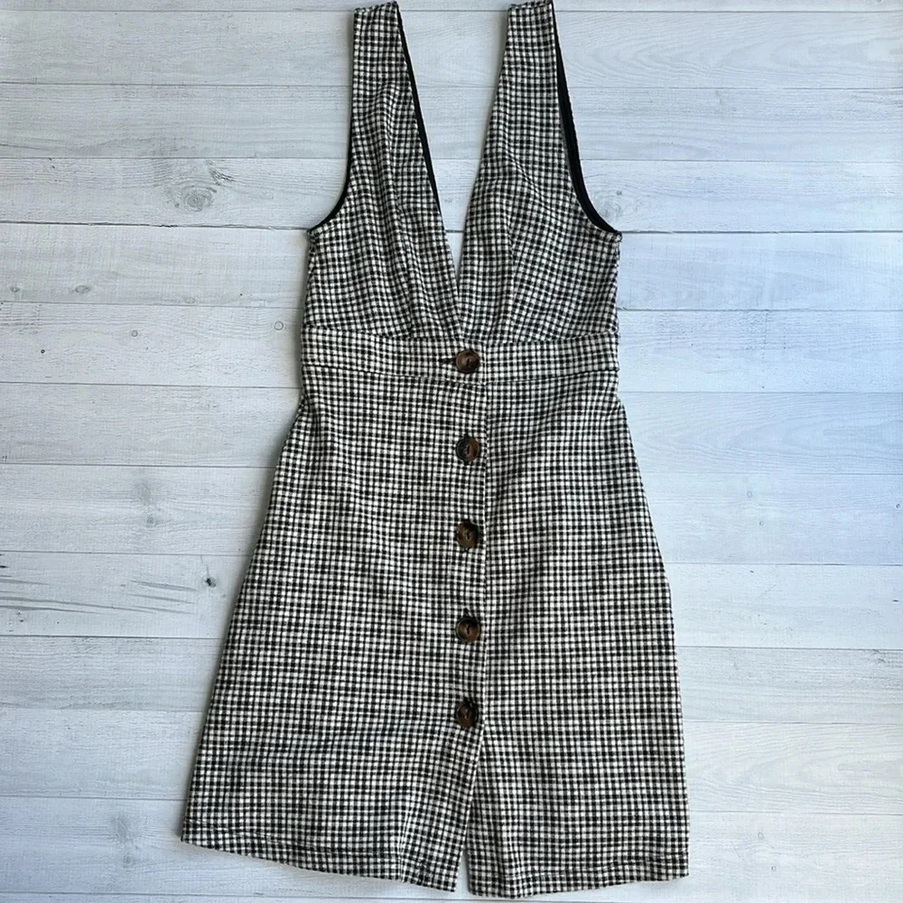 Topshop Plaid Stretch Low V Knit Button Up Dress US 2